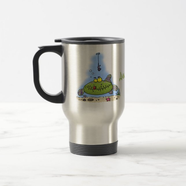 Funny fat hungry green fish fishing cartoon travel mug (Left)