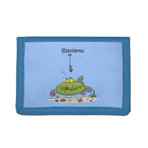 Funny fat hungry green fish fishing cartoon tri-fold wallet