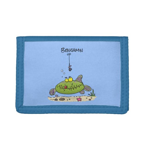 Funny fat hungry green fish fishing cartoon trifold wallet