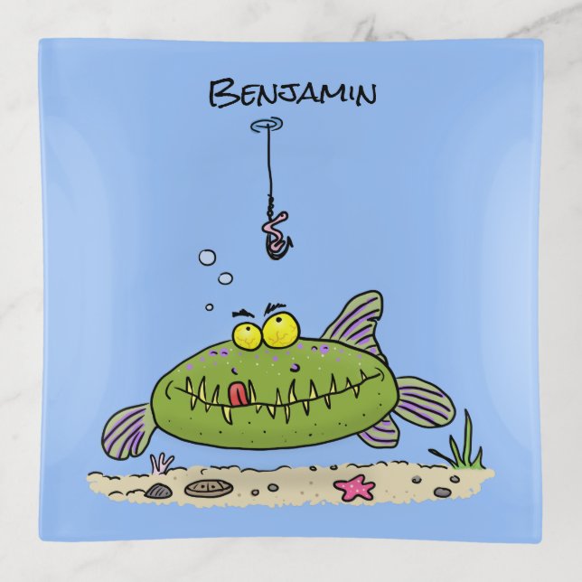 Funny fat hungry green fish fishing cartoon trinket tray (Front)