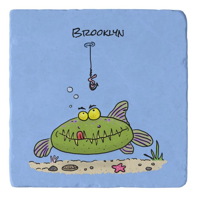 Funny fat hungry green fish fishing cartoon trivet (Front)