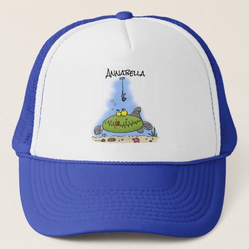 Funny fat hungry green fish fishing cartoon trucker hat