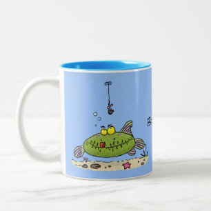 Funny fat hungry green fish fishing cartoon Two-Tone coffee mug