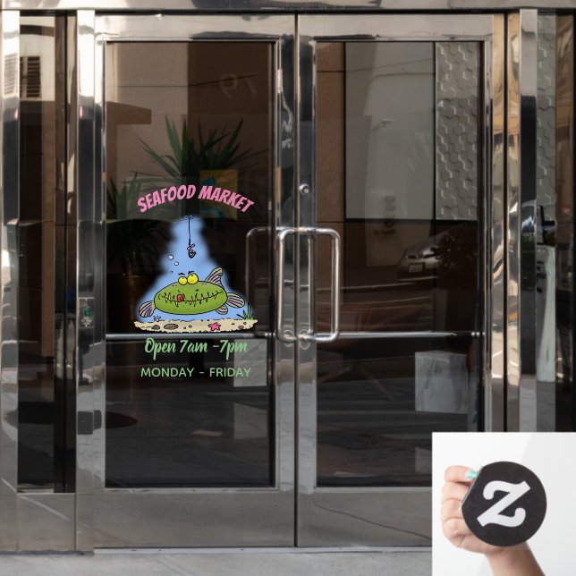 Funny fat hungry green fish fishing cartoon window cling (Office Door)