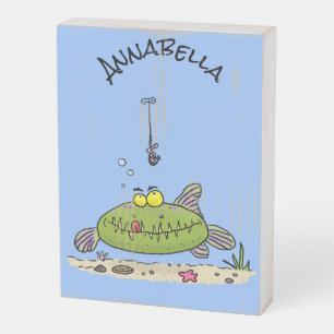 Funny fat hungry green fish fishing cartoon wooden box sign