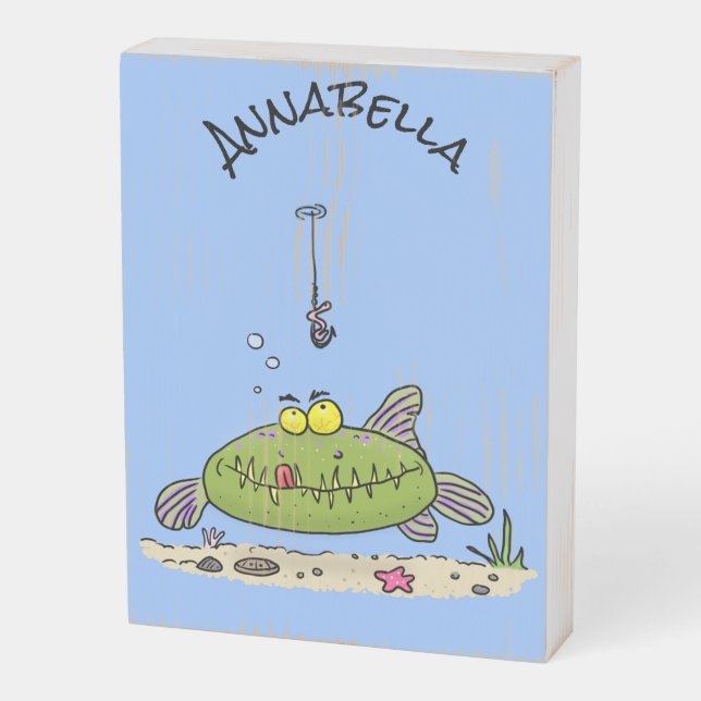 Funny fat hungry green fish fishing cartoon wooden box sign (Angled Vertical)