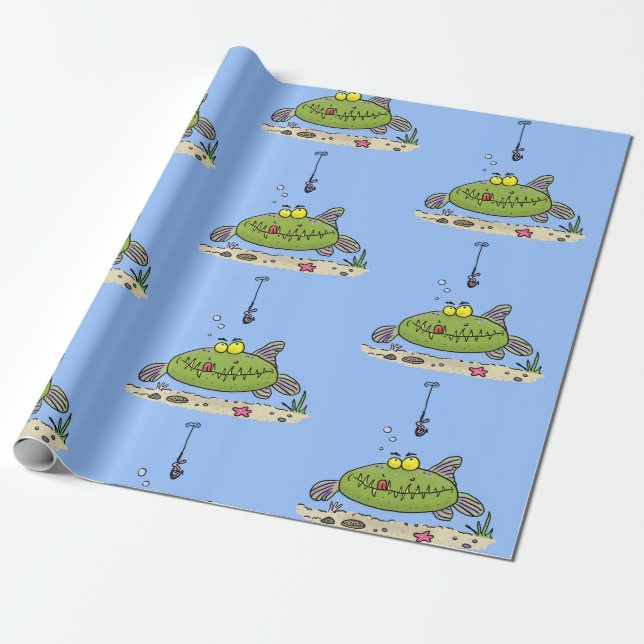 Funny fat hungry green fish fishing cartoon wrapping paper (Unrolled)