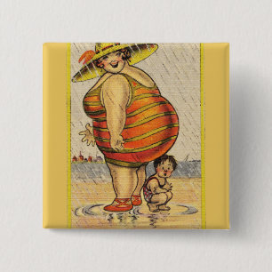 Funny Fat Lady on Beach Button