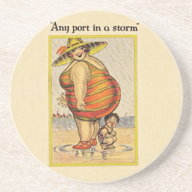 Funny Fat Lady on Beach Drink Coaster (Front)