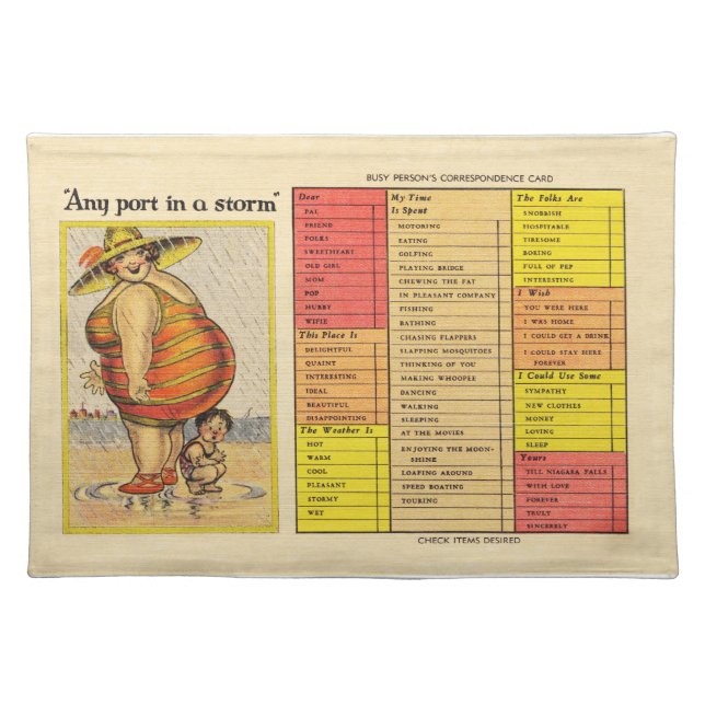 Funny Fat Lady on Beach Placemat (Front)