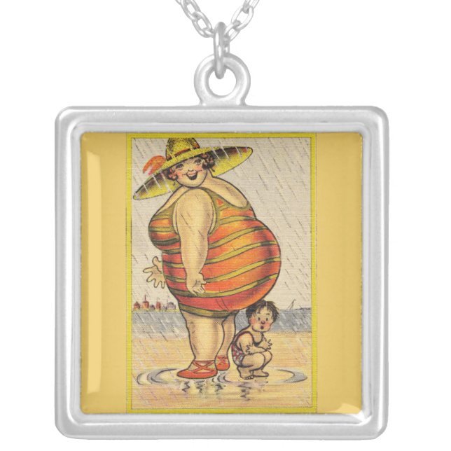 Funny Fat Lady on Beach Silver Plated Necklace (Front)