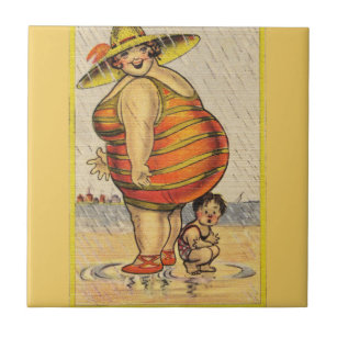 Funny Fat Lady on Beach Tile