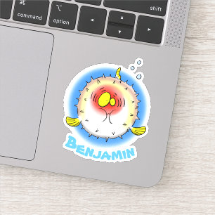Funny fat puffer fish cartoon illustration sticker