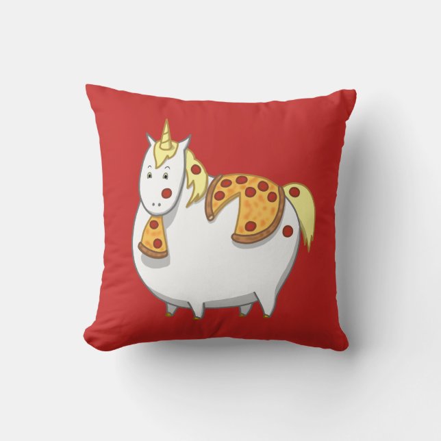 Funny Fat Unicorn Eating Pepperoni Pizza Throw Pillow (Front)