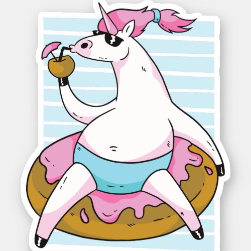 Funny Fat Unicorn Pool Party Chilling Inflatable Sticker