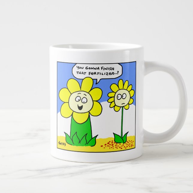 Funny Fat Yellow Flower on Diet Cartoon Gardener Giant Coffee Mug (Right)