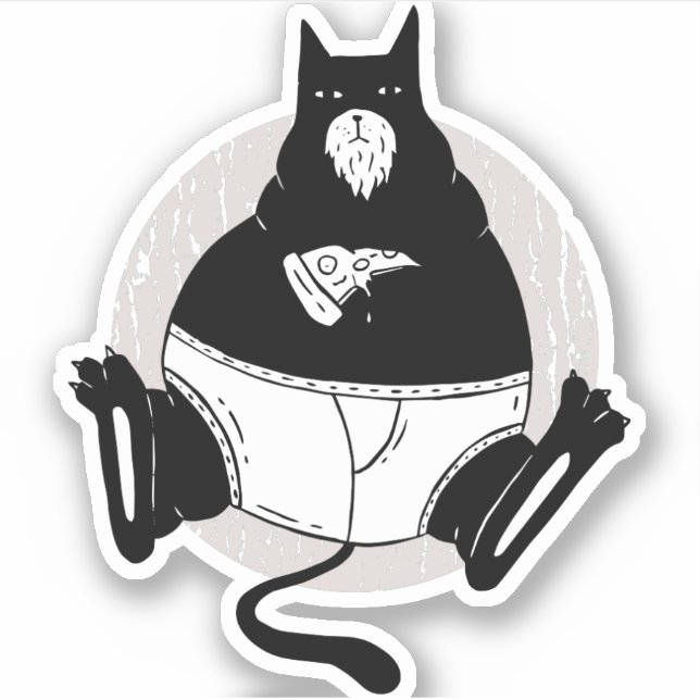 Funny Fathers Day Fat Cat Dad Eating Pizza Cartoon Sticker (Front)