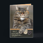 Funny Father's Day From The Cat - I Own You Card<br><div class="desc">A cat with "cattitude". Sound familiar? This glaring cat perched above a chalk board which says,  "Yes,  I know you adopted me... "  Inside it continues with,  "... but now I OWN you. (you're welcome). Happy Father's Day!"t</div>