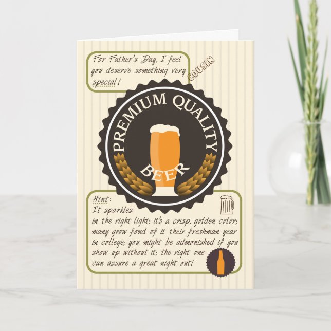 Funny Father's Day Retro Beer Label for Cousin Card (Front)