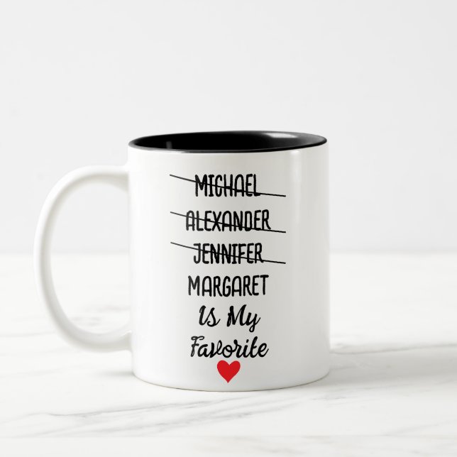 Funny Favorite Child With Personalized 4 Names Two-Tone Coffee Mug (Left)