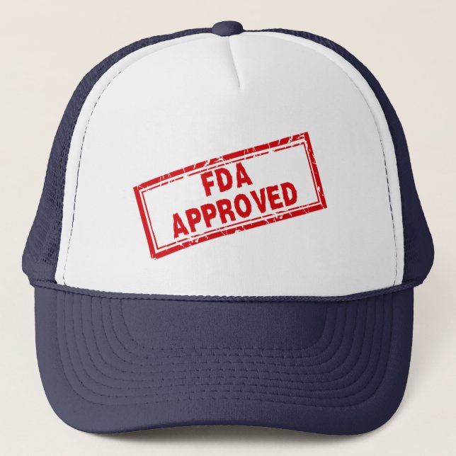 Funny FDA Approved Humor Red Distressed Stamp Trucker Hat (Front)