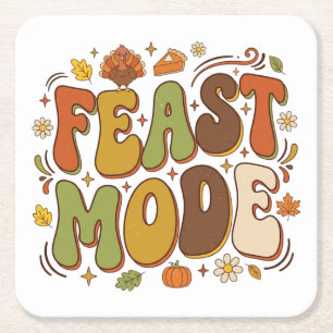 Funny Feast Mode Retro Thanksgiving Square Paper Coaster