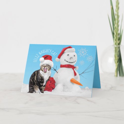 Funny Feliz Naughty Cat With Naughty Snowman Card
