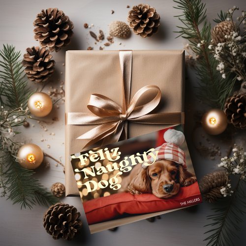 Funny Feliz Naughty Dog Pet Christmas Modern Foil Holiday Card