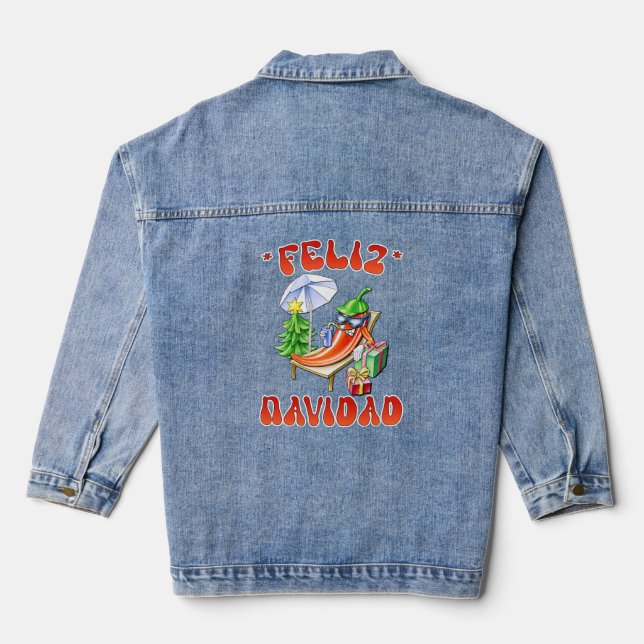 Funny Feliz Navidad Cute Christmas Chili Denim Jacket (Back)