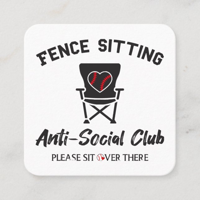 Funny Fence Sitting Anti Social Club Baseball Soft Square Business Card (Front)
