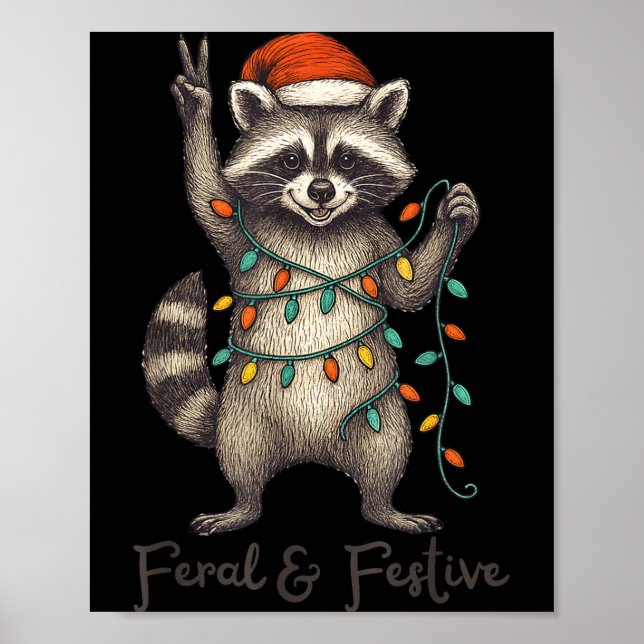 Funny Feral And Festive Raccoon Santa Hat Retro Ch Poster (Front)