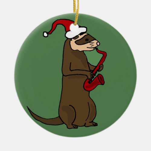 Funny Ferret Playing Saxophone Christmas Art Ceramic Ornament
