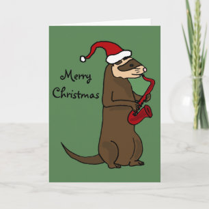 Funny Ferret Playing Saxophone Christmas Art Holiday Card