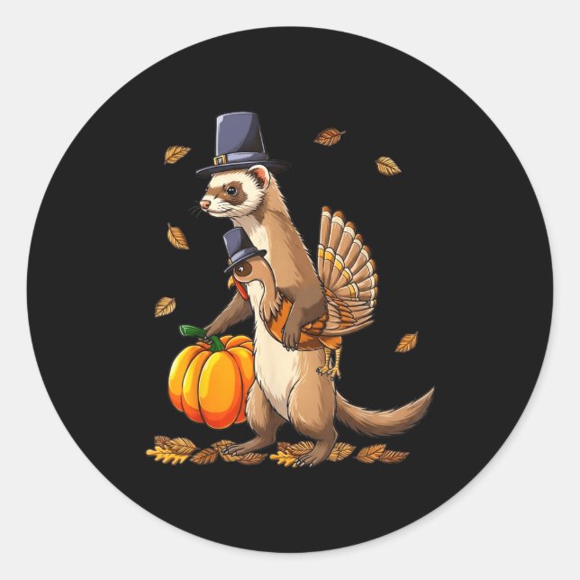 Funny Ferret Turkey Pumpkin Thanksgiving Gift Men  Classic Round Sticker (Front)