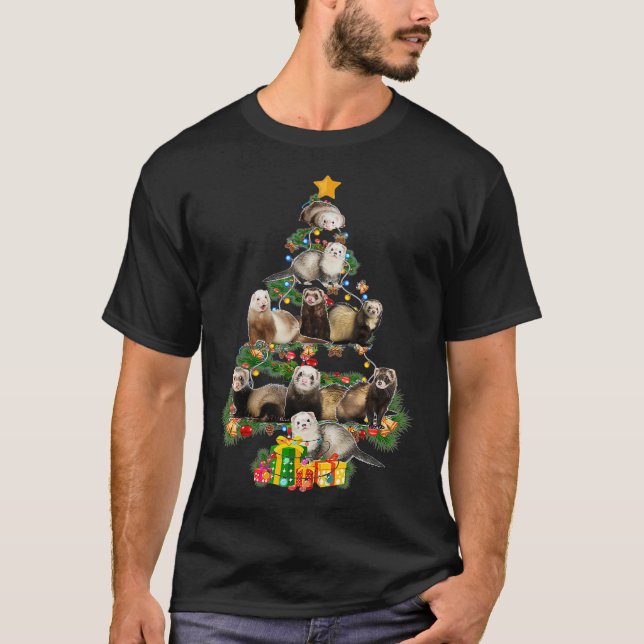 Funny Ferrets Merry Christmas Tree Ferrets Lover T-Shirt (Front)
