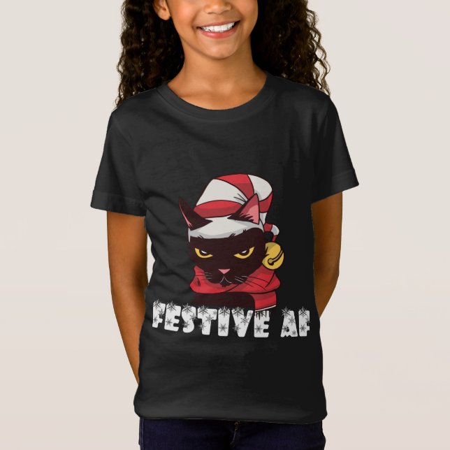 Funny Festive AF Christmas Cat Feline Meowy Ugly X T-Shirt (Front)