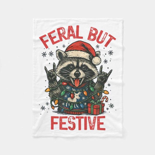 Funny Festive But Feral Santa Raccoon Lover Animal Fleece Blanket (Front)