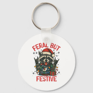 Funny Festive But Feral Santa Raccoon Lover Animal Keychain