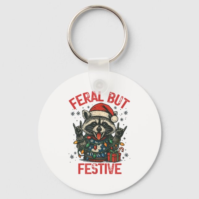 Funny Festive But Feral Santa Raccoon Lover Animal Keychain (Front)