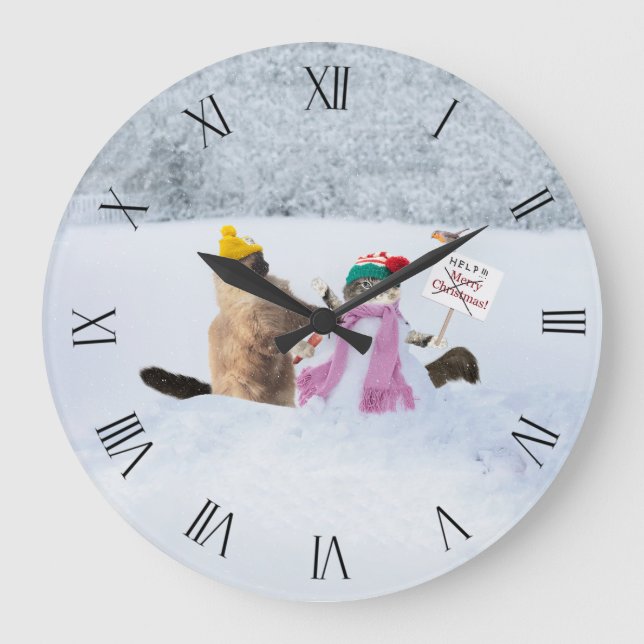 Funny Festive Cat Themed Snowman Wall Clock (Front)