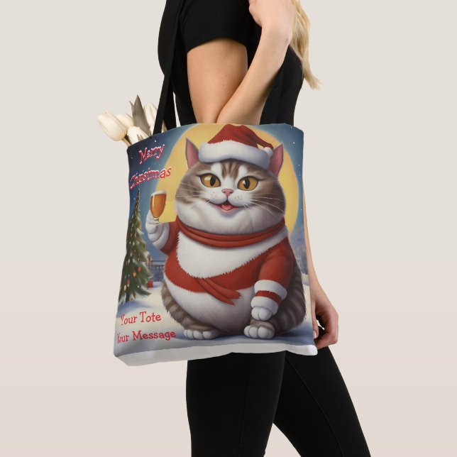 Funny Festive Christmas cat with beer glass Tote Bag (Close Up)