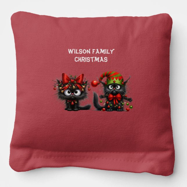 Funny Festive Frazzled Black Christmas Cats Cornhole Bags (Front)