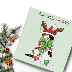 Funny Festive Green Calico Christmas Cat 3 Ring Binder