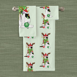 Funny Festive Green Calico Christmas Cat Bath Towel Set