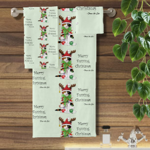 Funny Festive Green Calico Christmas Cat Bath Towel Set