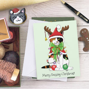 Funny Festive Green Calico Christmas Cat Card
