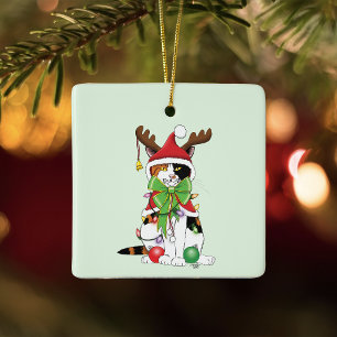 Funny Festive Green Calico Christmas Cat Ceramic Ornament