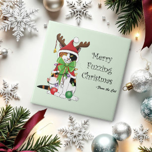 Funny Festive Green Calico Christmas Cat Ceramic Tile