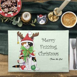 Funny Festive Green Calico Christmas Cat Cloth Placemat