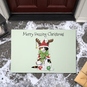 Funny Festive Green Calico Christmas Cat Doormat